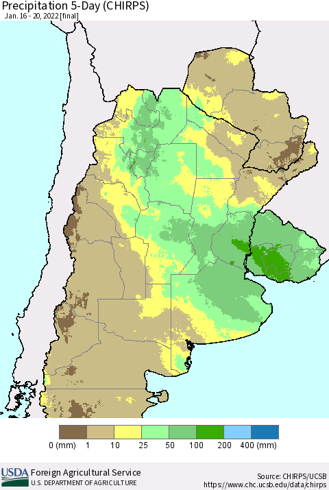 Southern South America Precipitation 5-Day (CHIRPS) Thematic Map For 1/16/2022 - 1/20/2022