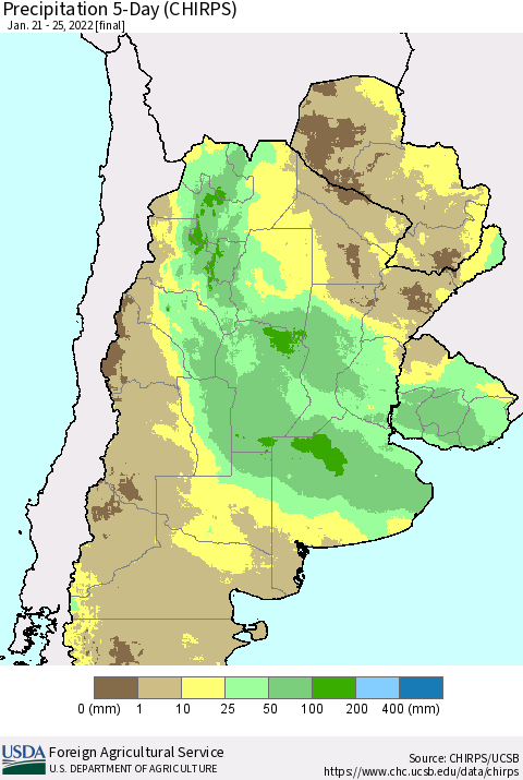 Southern South America Precipitation 5-Day (CHIRPS) Thematic Map For 1/21/2022 - 1/25/2022