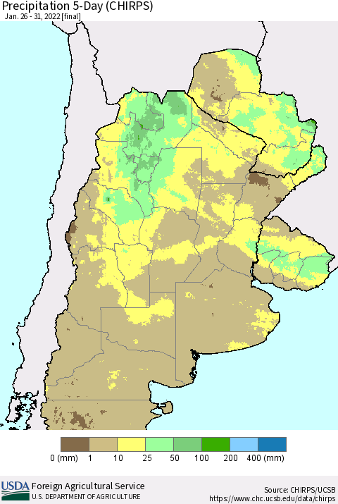 Southern South America Precipitation 5-Day (CHIRPS) Thematic Map For 1/26/2022 - 1/31/2022