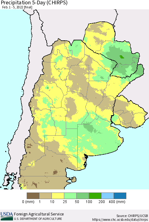 Southern South America Precipitation 5-Day (CHIRPS) Thematic Map For 2/1/2022 - 2/5/2022