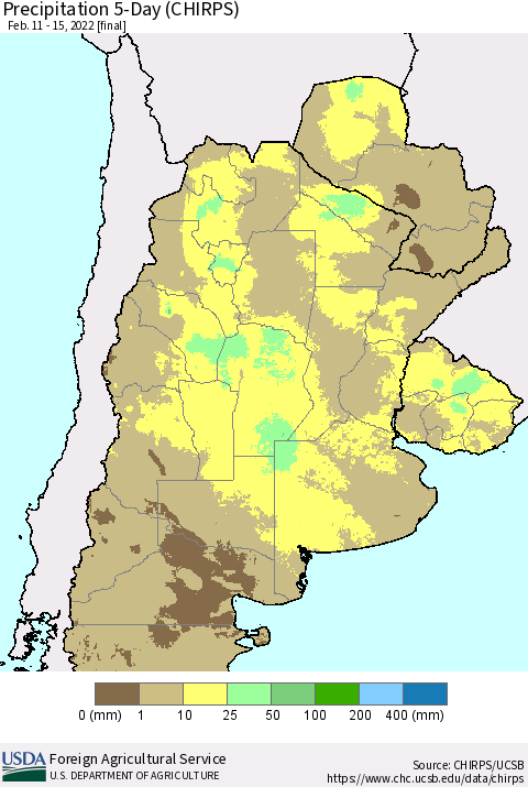 Southern South America Precipitation 5-Day (CHIRPS) Thematic Map For 2/11/2022 - 2/15/2022