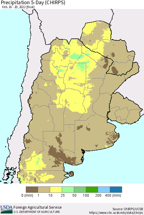 Southern South America Precipitation 5-Day (CHIRPS) Thematic Map For 2/16/2022 - 2/20/2022