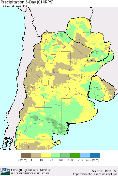 Southern South America Precipitation 5-Day (CHIRPS) Thematic Map For 2/21/2022 - 2/25/2022