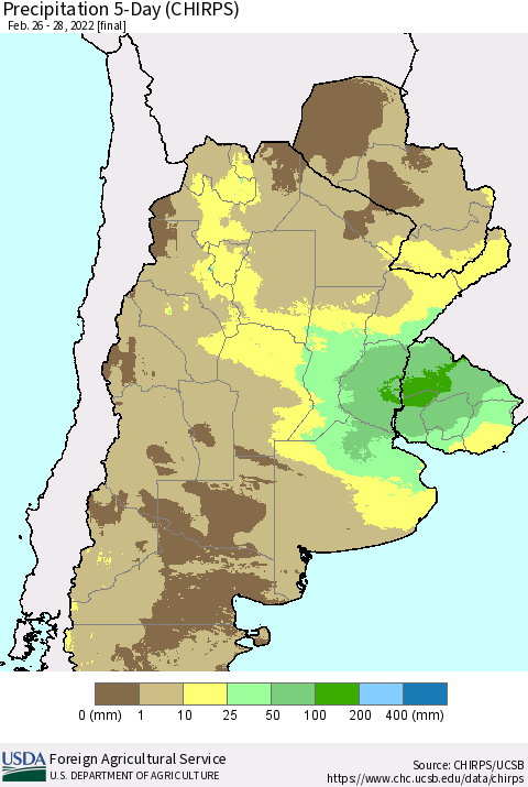 Southern South America Precipitation 5-Day (CHIRPS) Thematic Map For 2/26/2022 - 2/28/2022