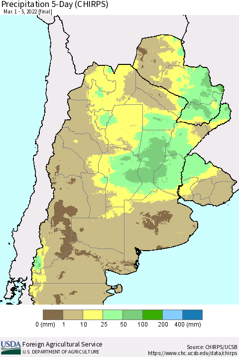 Southern South America Precipitation 5-Day (CHIRPS) Thematic Map For 3/1/2022 - 3/5/2022