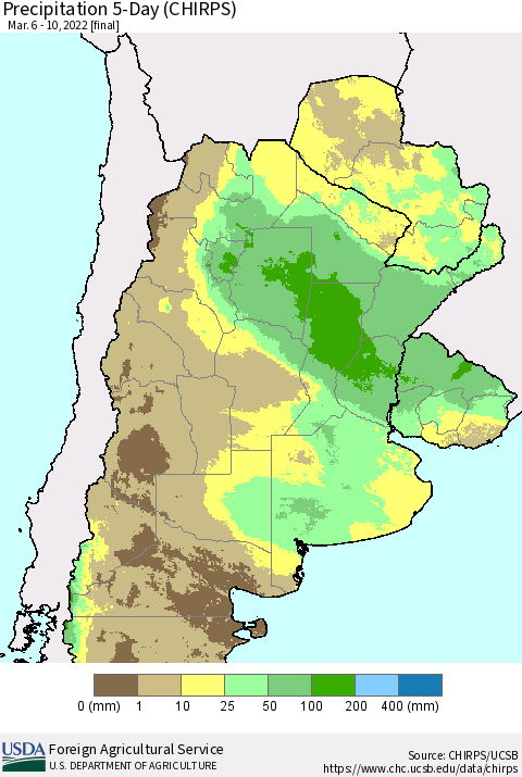 Southern South America Precipitation 5-Day (CHIRPS) Thematic Map For 3/6/2022 - 3/10/2022