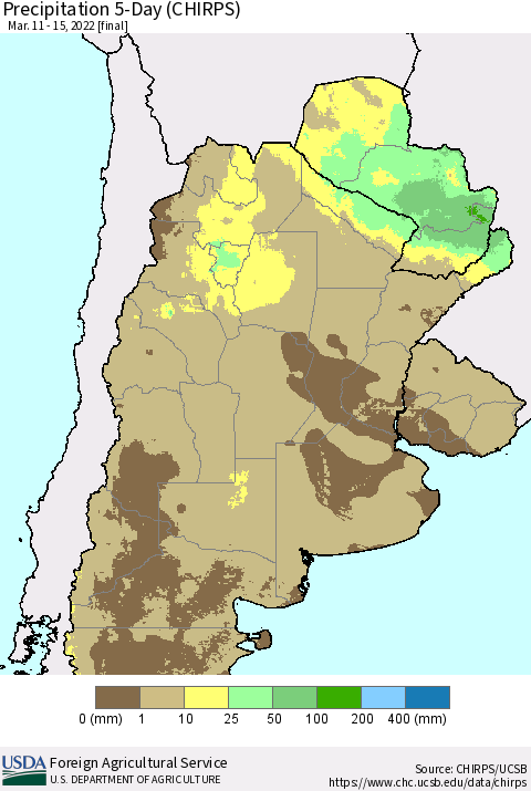 Southern South America Precipitation 5-Day (CHIRPS) Thematic Map For 3/11/2022 - 3/15/2022