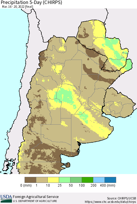 Southern South America Precipitation 5-Day (CHIRPS) Thematic Map For 3/16/2022 - 3/20/2022