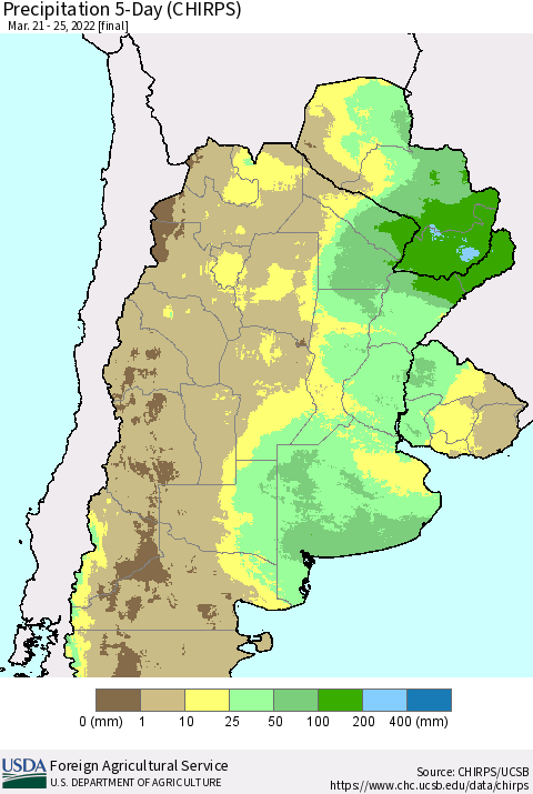 Southern South America Precipitation 5-Day (CHIRPS) Thematic Map For 3/21/2022 - 3/25/2022