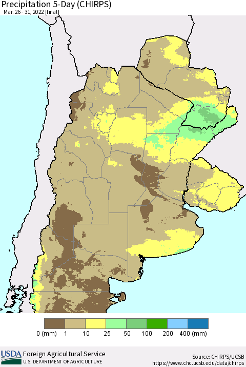 Southern South America Precipitation 5-Day (CHIRPS) Thematic Map For 3/26/2022 - 3/31/2022