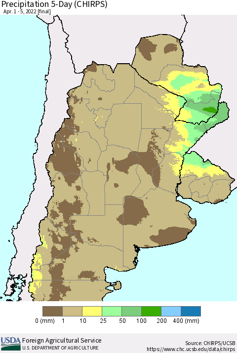 Southern South America Precipitation 5-Day (CHIRPS) Thematic Map For 4/1/2022 - 4/5/2022