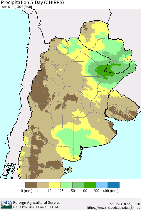 Southern South America Precipitation 5-Day (CHIRPS) Thematic Map For 4/6/2022 - 4/10/2022