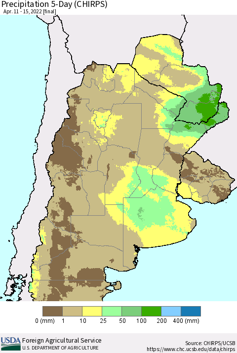 Southern South America Precipitation 5-Day (CHIRPS) Thematic Map For 4/11/2022 - 4/15/2022