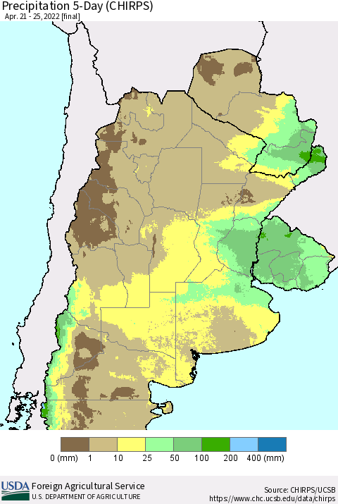Southern South America Precipitation 5-Day (CHIRPS) Thematic Map For 4/21/2022 - 4/25/2022