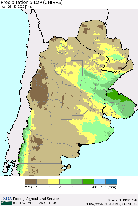 Southern South America Precipitation 5-Day (CHIRPS) Thematic Map For 4/26/2022 - 4/30/2022