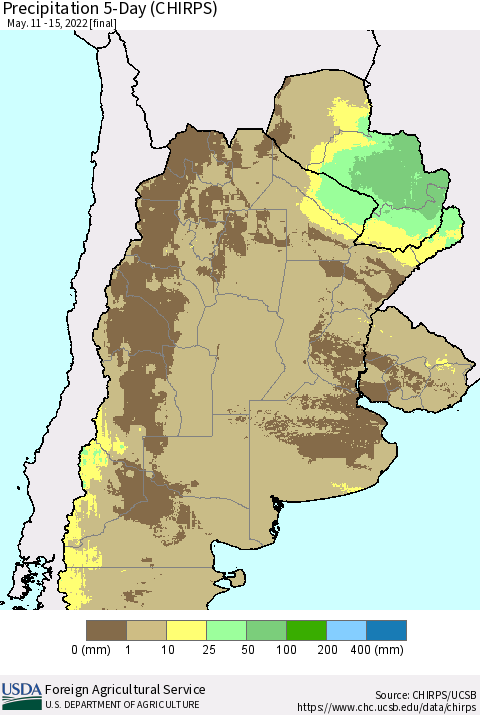 Southern South America Precipitation 5-Day (CHIRPS) Thematic Map For 5/11/2022 - 5/15/2022