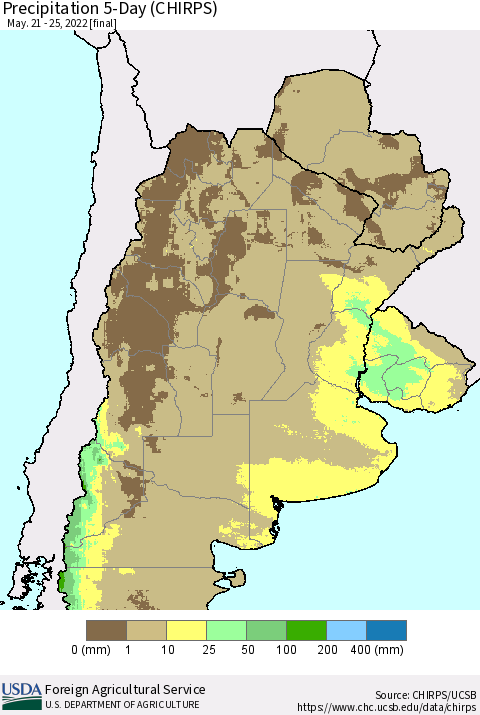 Southern South America Precipitation 5-Day (CHIRPS) Thematic Map For 5/21/2022 - 5/25/2022