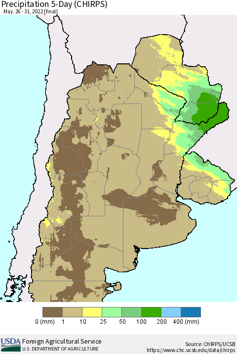 Southern South America Precipitation 5-Day (CHIRPS) Thematic Map For 5/26/2022 - 5/31/2022