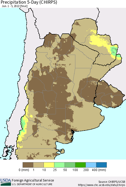 Southern South America Precipitation 5-Day (CHIRPS) Thematic Map For 6/1/2022 - 6/5/2022