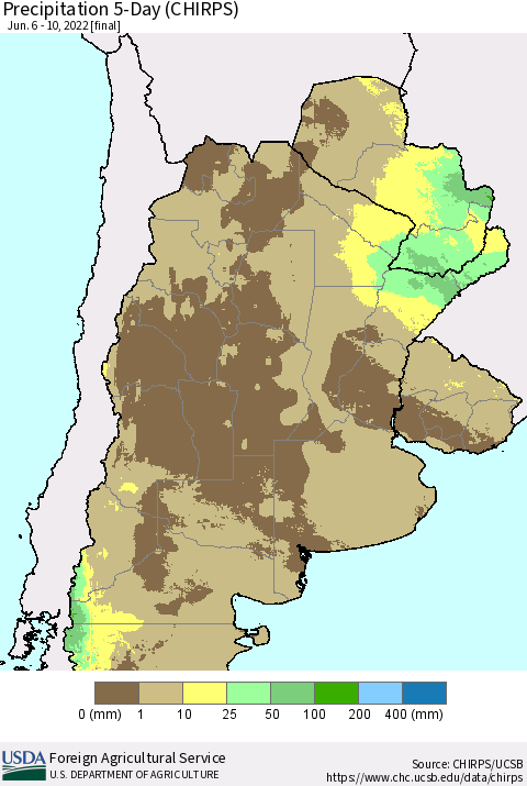 Southern South America Precipitation 5-Day (CHIRPS) Thematic Map For 6/6/2022 - 6/10/2022