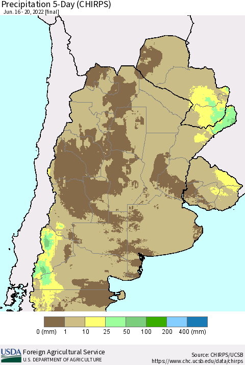 Southern South America Precipitation 5-Day (CHIRPS) Thematic Map For 6/16/2022 - 6/20/2022