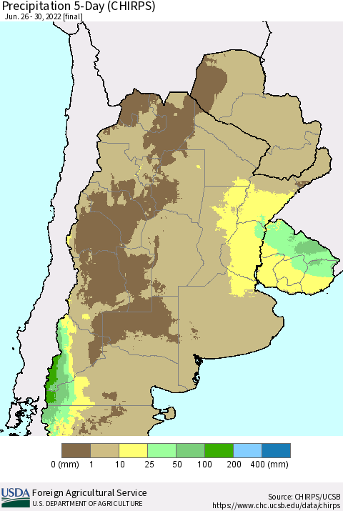 Southern South America Precipitation 5-Day (CHIRPS) Thematic Map For 6/26/2022 - 6/30/2022