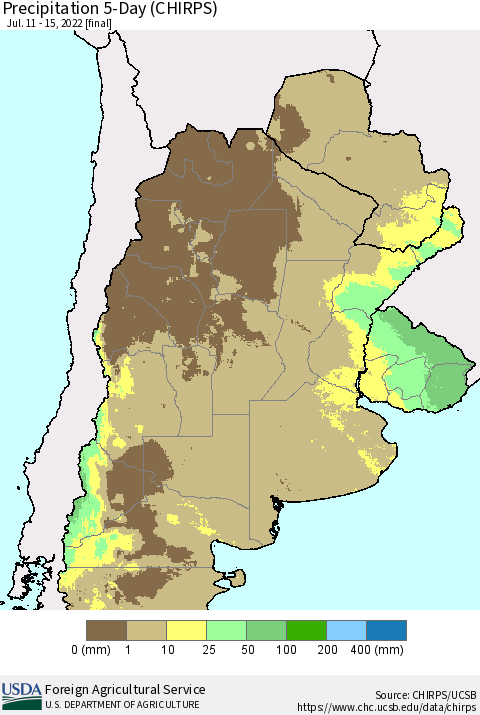 Southern South America Precipitation 5-Day (CHIRPS) Thematic Map For 7/11/2022 - 7/15/2022
