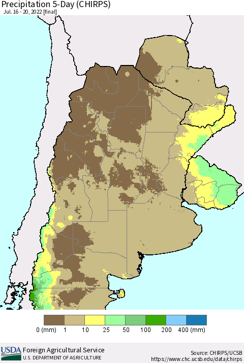 Southern South America Precipitation 5-Day (CHIRPS) Thematic Map For 7/16/2022 - 7/20/2022