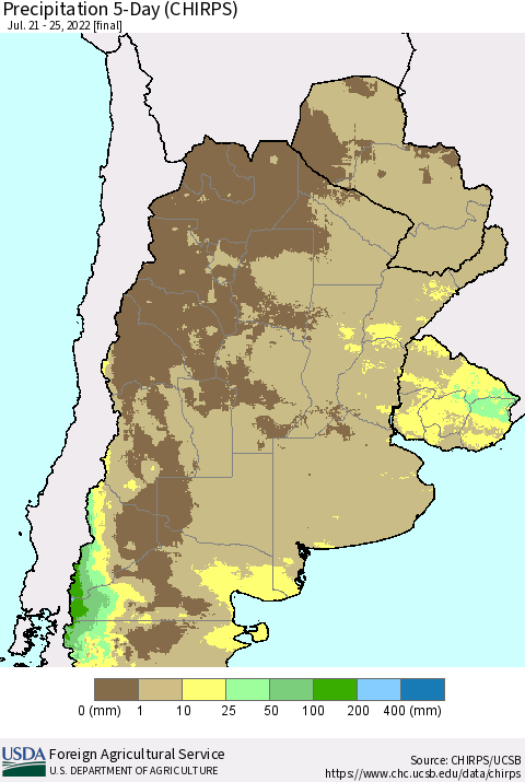 Southern South America Precipitation 5-Day (CHIRPS) Thematic Map For 7/21/2022 - 7/25/2022