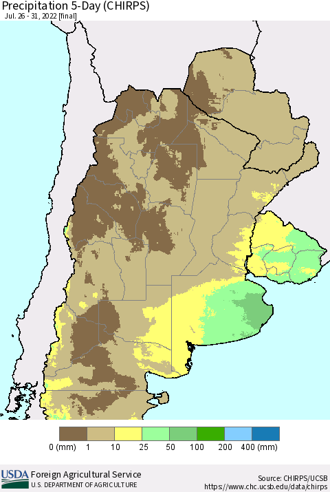 Southern South America Precipitation 5-Day (CHIRPS) Thematic Map For 7/26/2022 - 7/31/2022