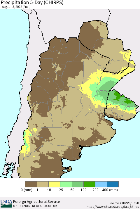 Southern South America Precipitation 5-Day (CHIRPS) Thematic Map For 8/1/2022 - 8/5/2022