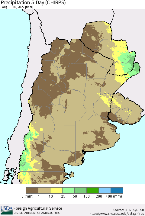 Southern South America Precipitation 5-Day (CHIRPS) Thematic Map For 8/6/2022 - 8/10/2022