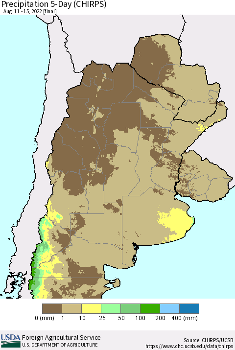 Southern South America Precipitation 5-Day (CHIRPS) Thematic Map For 8/11/2022 - 8/15/2022