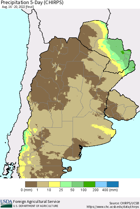 Southern South America Precipitation 5-Day (CHIRPS) Thematic Map For 8/16/2022 - 8/20/2022