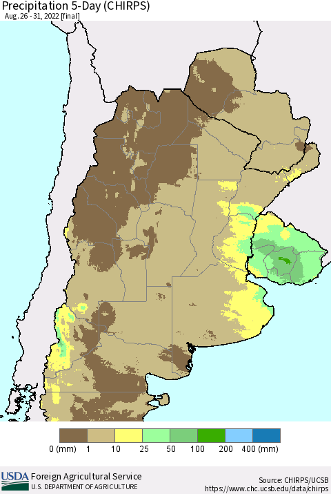 Southern South America Precipitation 5-Day (CHIRPS) Thematic Map For 8/26/2022 - 8/31/2022