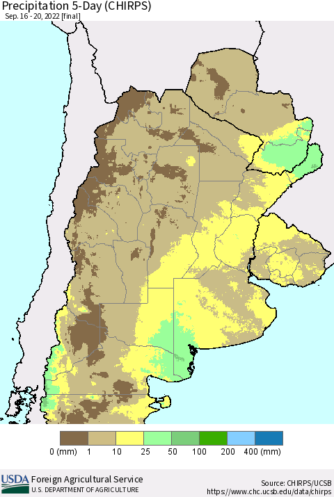 Southern South America Precipitation 5-Day (CHIRPS) Thematic Map For 9/16/2022 - 9/20/2022