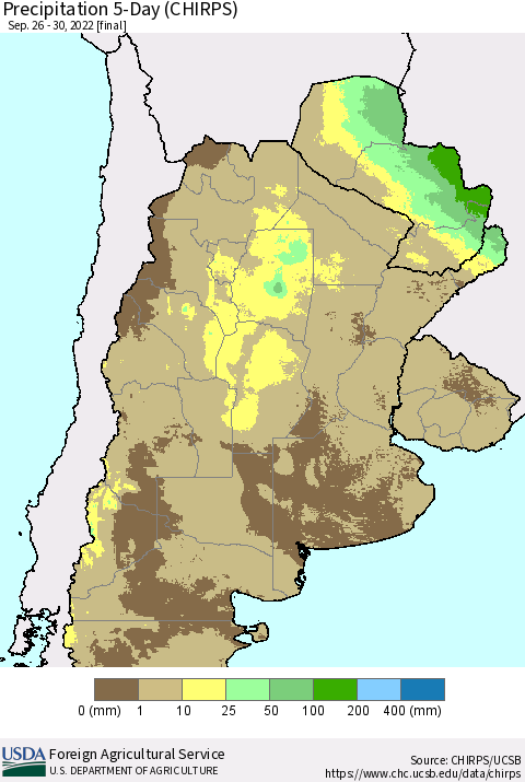 Southern South America Precipitation 5-Day (CHIRPS) Thematic Map For 9/26/2022 - 9/30/2022