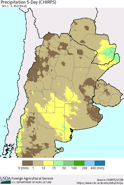 Southern South America Precipitation 5-Day (CHIRPS) Thematic Map For 10/1/2022 - 10/5/2022