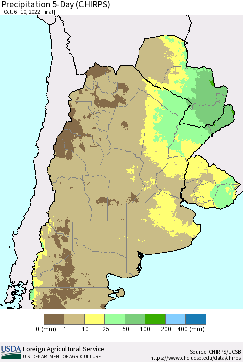 Southern South America Precipitation 5-Day (CHIRPS) Thematic Map For 10/6/2022 - 10/10/2022