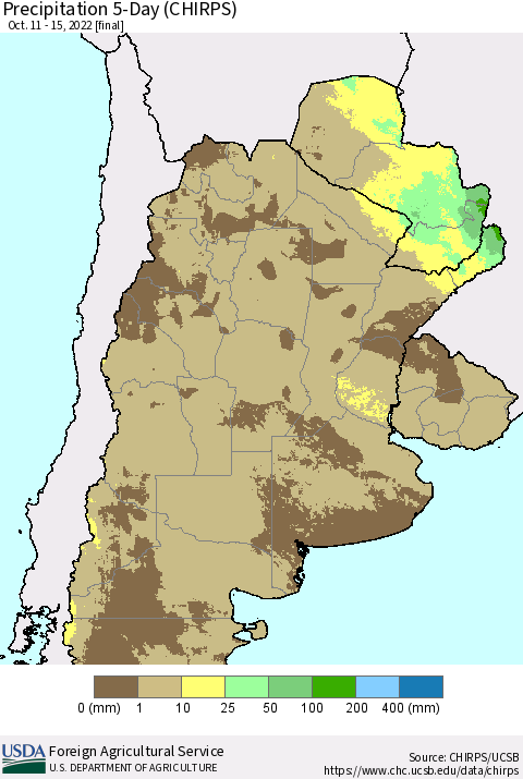 Southern South America Precipitation 5-Day (CHIRPS) Thematic Map For 10/11/2022 - 10/15/2022