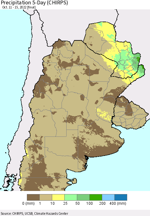 Southern South America Precipitation 5-Day (CHIRPS) Thematic Map For 10/11/2022 - 10/15/2022