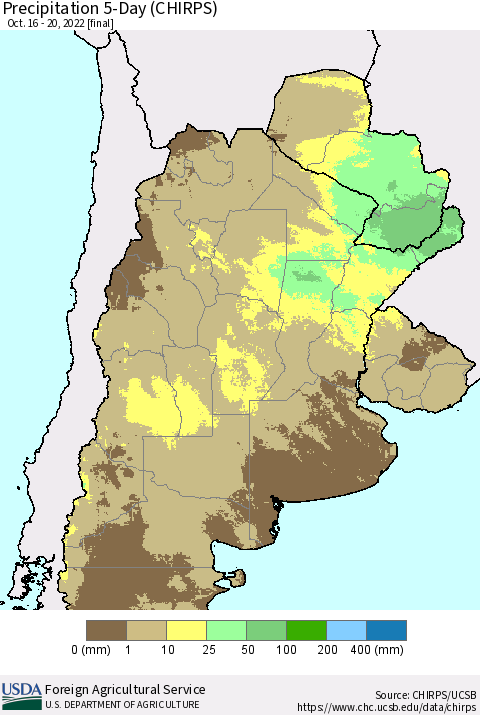 Southern South America Precipitation 5-Day (CHIRPS) Thematic Map For 10/16/2022 - 10/20/2022