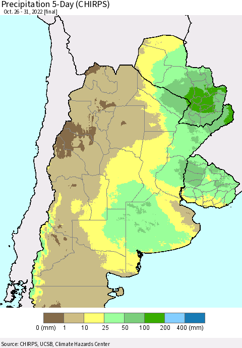 Southern South America Precipitation 5-Day (CHIRPS) Thematic Map For 10/26/2022 - 10/31/2022