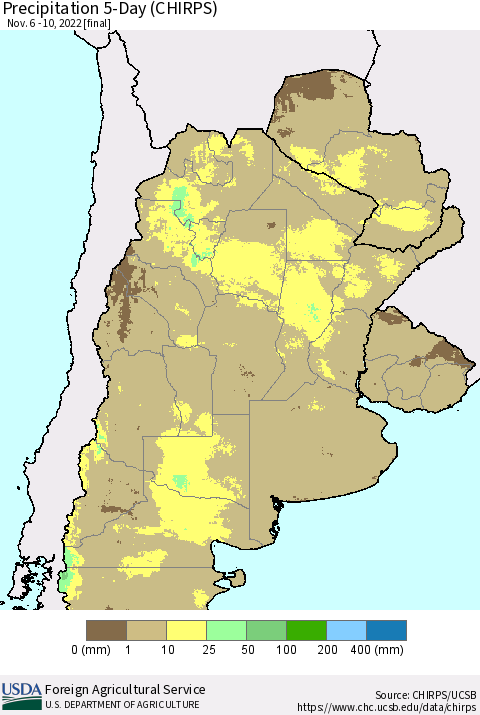 Southern South America Precipitation 5-Day (CHIRPS) Thematic Map For 11/6/2022 - 11/10/2022