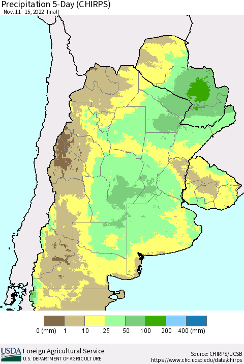 Southern South America Precipitation 5-Day (CHIRPS) Thematic Map For 11/11/2022 - 11/15/2022