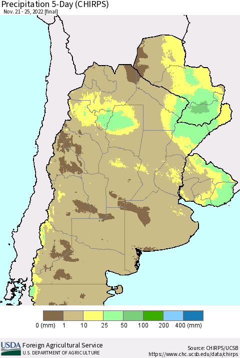 Southern South America Precipitation 5-Day (CHIRPS) Thematic Map For 11/21/2022 - 11/25/2022