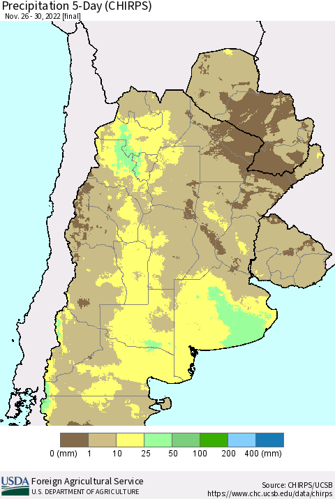 Southern South America Precipitation 5-Day (CHIRPS) Thematic Map For 11/26/2022 - 11/30/2022