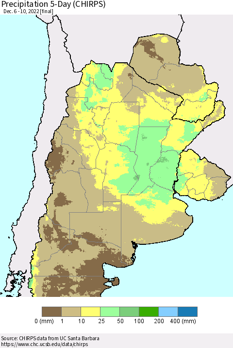 Southern South America Precipitation 5-Day (CHIRPS) Thematic Map For 12/6/2022 - 12/10/2022