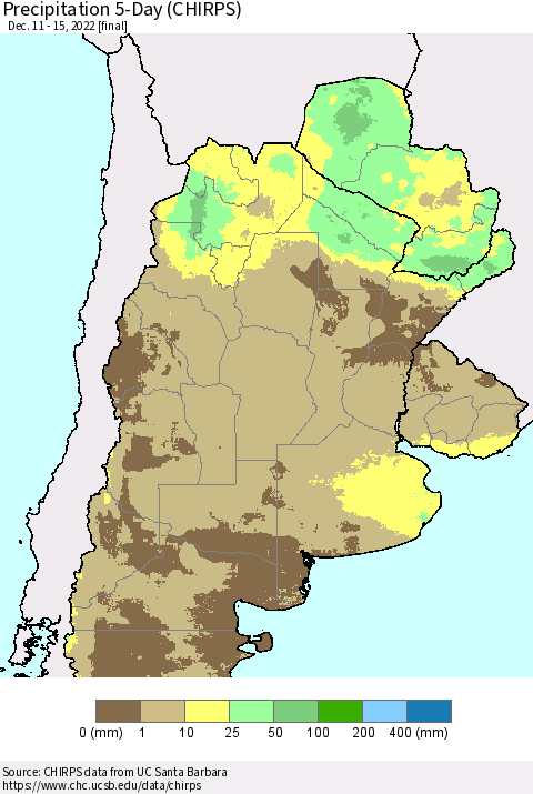Southern South America Precipitation 5-Day (CHIRPS) Thematic Map For 12/11/2022 - 12/15/2022