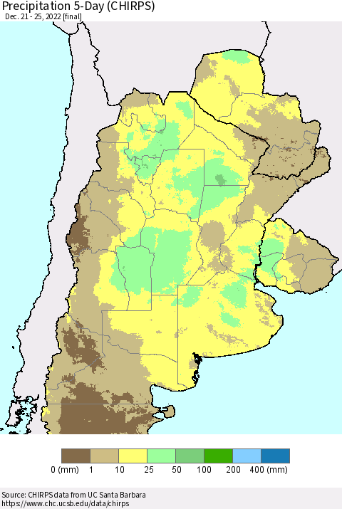 Southern South America Precipitation 5-Day (CHIRPS) Thematic Map For 12/21/2022 - 12/25/2022
